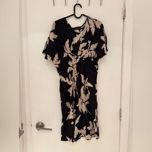 Tropical Black and Cream V Neck Dress